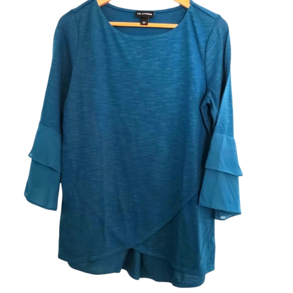 I.N. STUDIO TEAL BLUE BELL SLEEVE TOP - LARGE